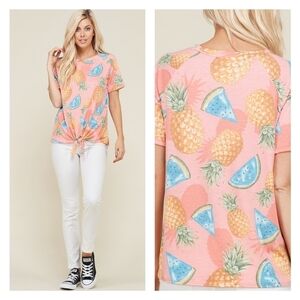 CORAL FRUIT PRINT FRONT TIE TOP